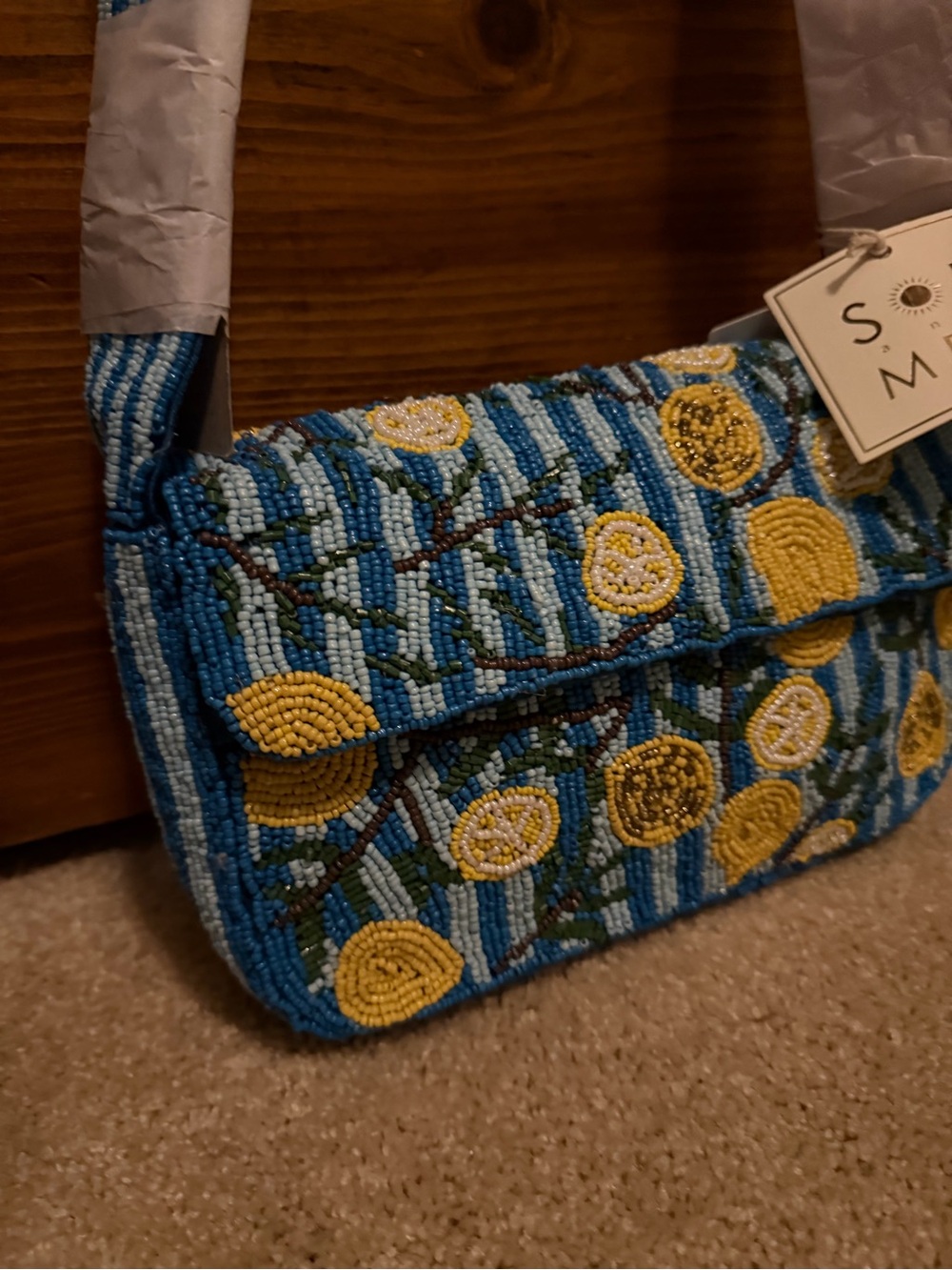 Blue Striped Lemon Beaded Shoulder Bag RARE - Picture 2 of 5